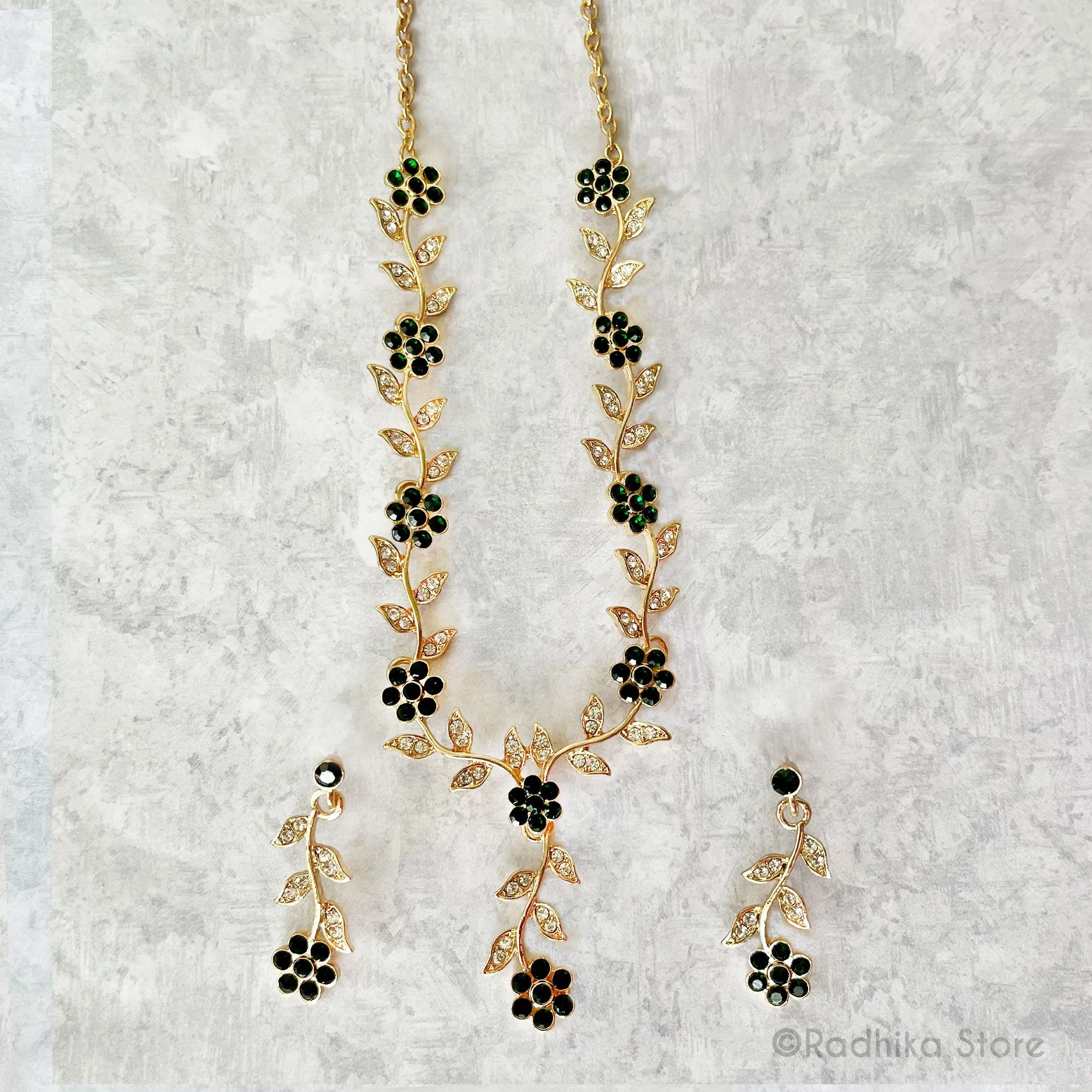 Vrindavan Flower Vine- Rhinestone Deity Necklace And Earring Set-Ruby-Emerald-Sapphire