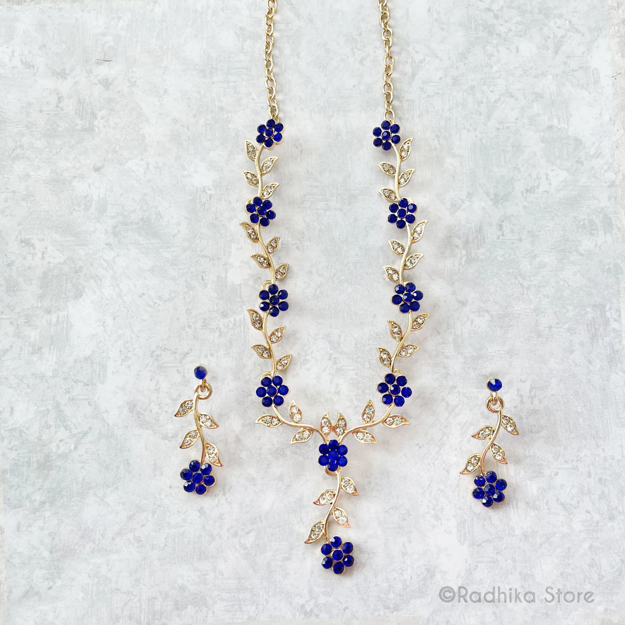 Vrindavan Flower Vine- Rhinestone Deity Necklace And Earring Set-Ruby-Emerald-Sapphire