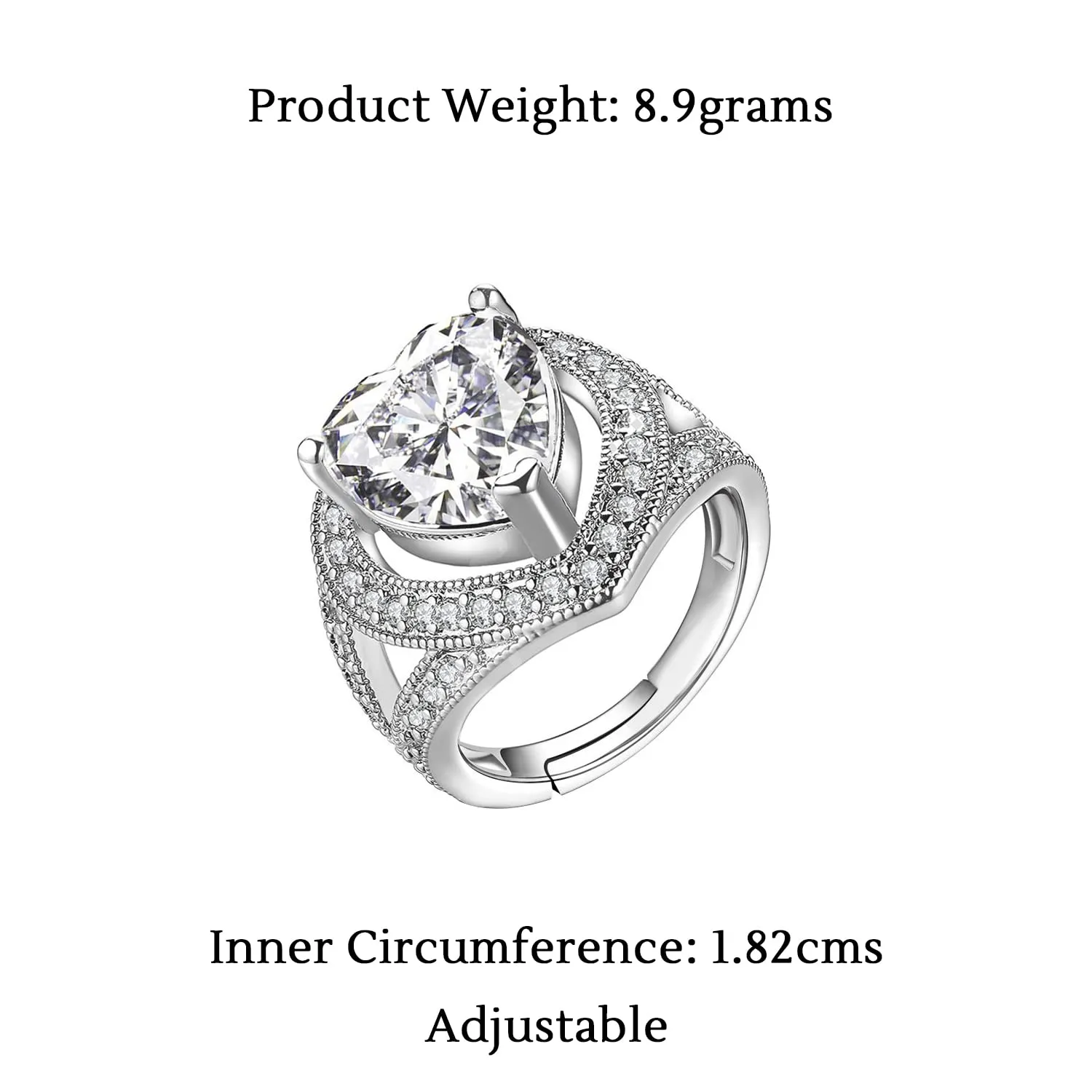 Yellow Chimes Rings for Women White Crystal Heart Adjustable Ring Cocktail Style Platinum Plated Heart Ring for Women and Girls Valentine Gift for Girls